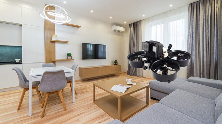 Custom-built FPV drone used for indoor real estate video tours in Cyprus